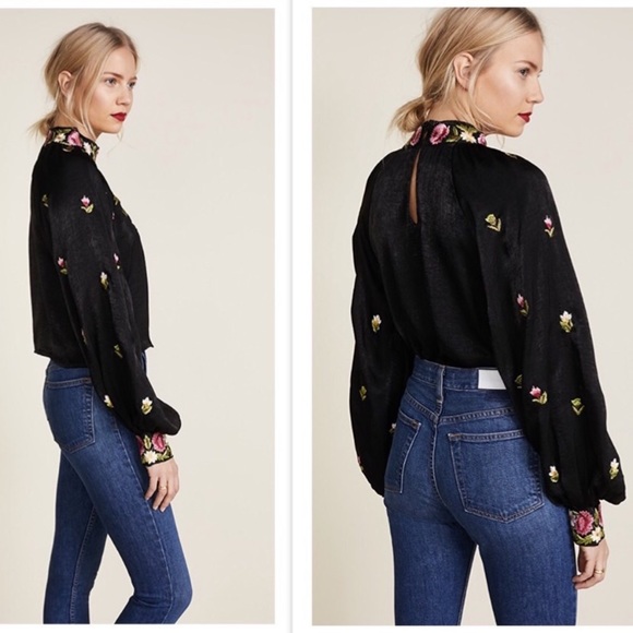 Free People Jessica High Neck Embroidered Black Peasant Blouse Top Boho Gypsy - Picture 4 of 16